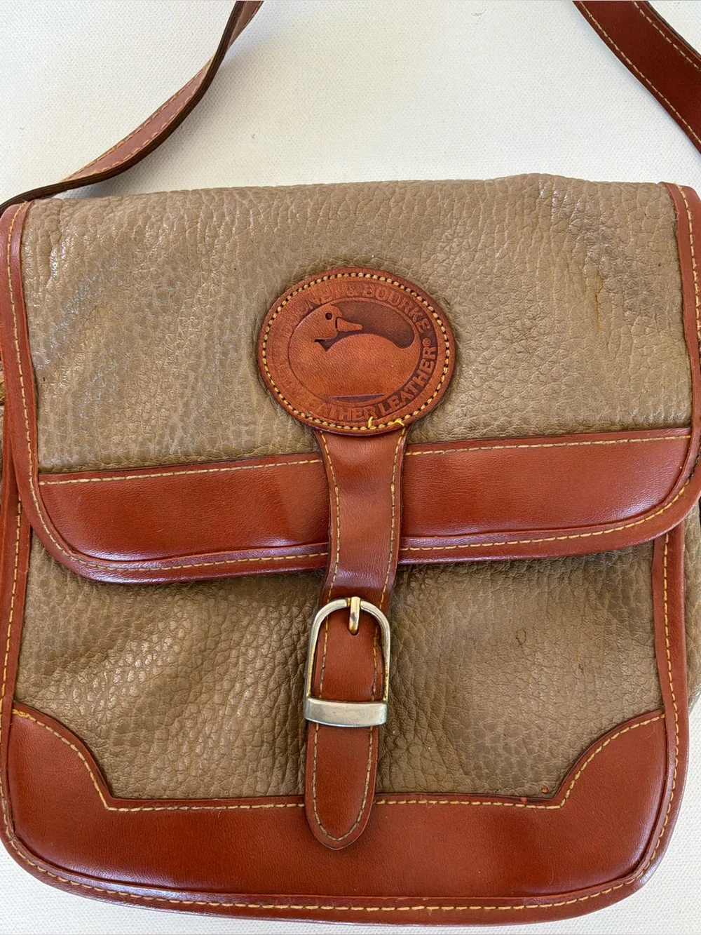 Vintage Dooney & Bourke Leather AWL Taupe & British Tan Crossbody Shoulder Bag